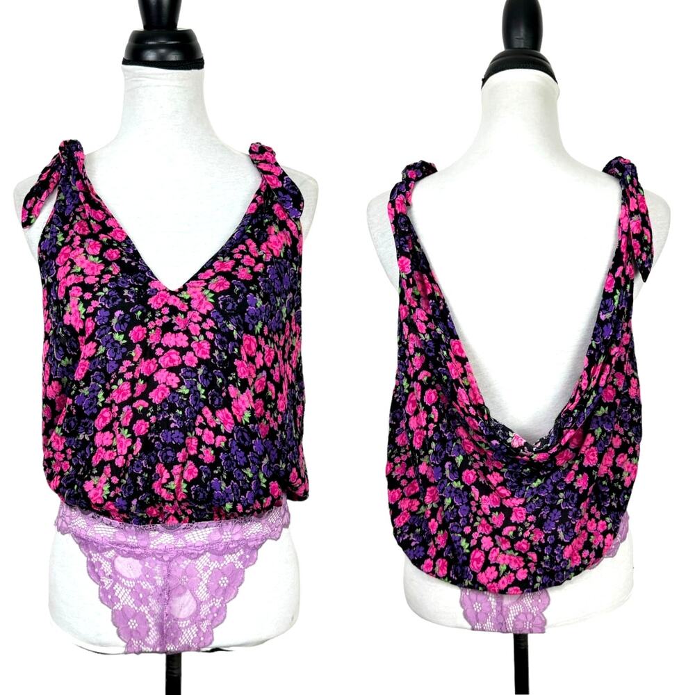 Free People | NWT Bare It All Purple Pink Floral Shoulder Tie Lace Tank Bodysuit - Picture 4 of 14